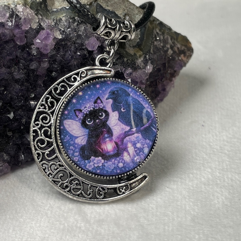 Double Black Cat Double Sided Moon Pendant - Gothic Witchy Jewelry -Artisan - Picture 11 of 16